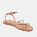Riekhany Strappy Flat Sandals for Women Summer Round Toe Metal Bead Flip Flop Sildes with Ankle Buckle Strap Beach Flats Shoes (Brown)