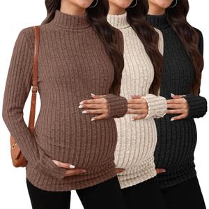 3 Pack Maternity T-Shirts Pregnancy Tops Women Sweater Long Sleeve Turtleneck Ribbed Finger Sleeve Outfits (Large, Coffee, Apricot, Black)