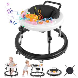 Baby Walker, Foldable 9-Gear Height Adjustable Baby Walker with Wheels, Infant Toddler Walker with Music Disk, Anti-Fall Baby Walkers and Activity Center with Foot Pads for Boys and Girls 6-24 Months 