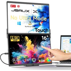 JSAUX FlipGo Touchscreen 16" Dual Portable Monitor, 2.5K Triple Laptop Touch IPS Screen Foldable Extender for Laptop[for Windows/Linux] One Cable to Dual/Magnetic Design/Built-in HUB/ HiDPI Display