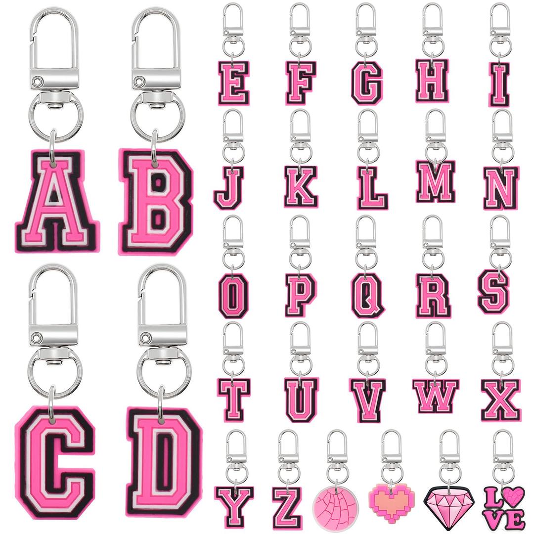 Ibuclein 30pcs Pink Letter Keychain, A-Z Charms Aesthetic Bulk Keychain Bag Charm Backpack Charms Pink Purse Accessories for Handbags, Cute Car Key Ring PVC Pendant Key Chains for Party Favors gifts