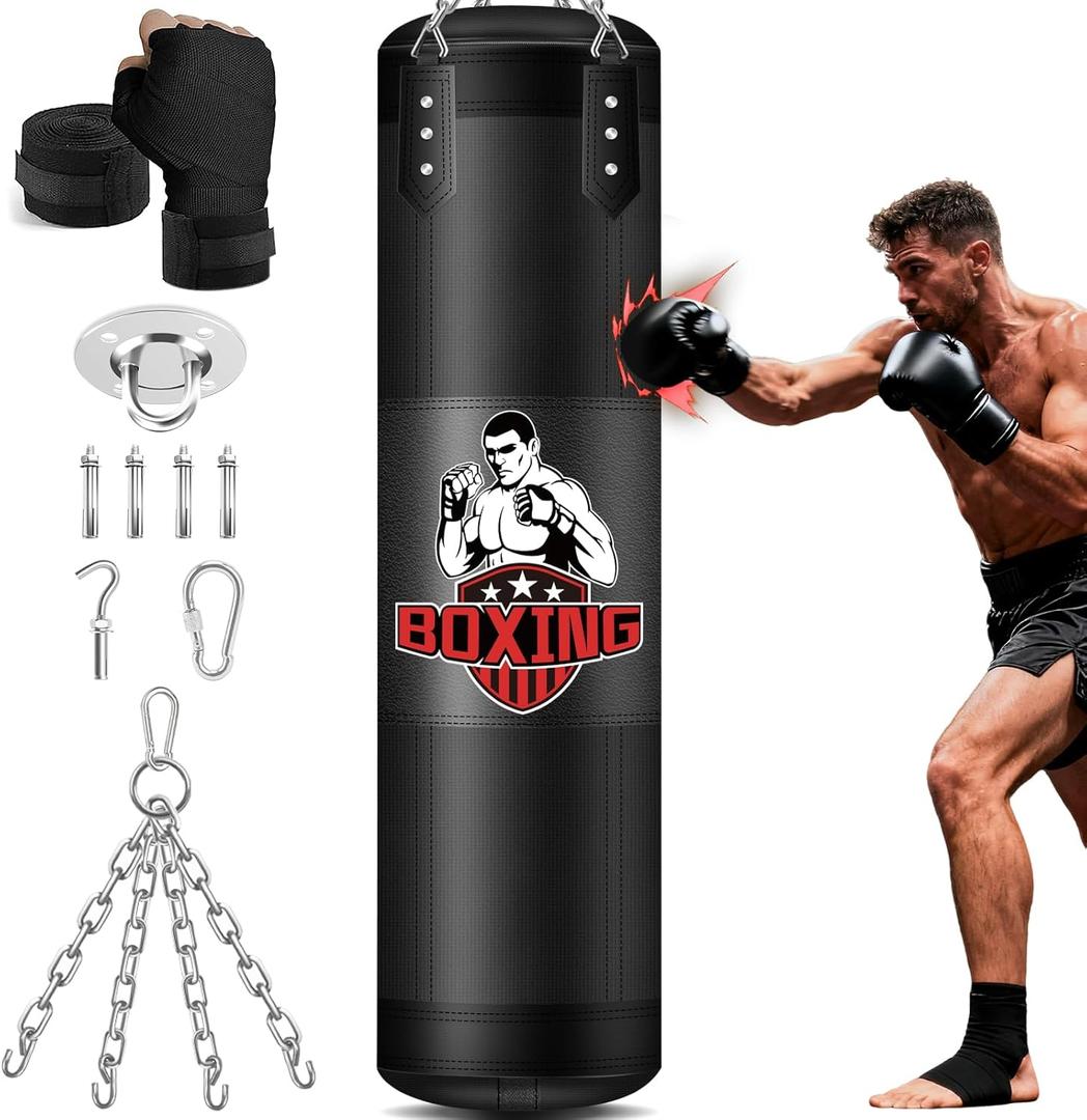 YORWHIN Punching Bag for Adults, 4FT PU Heavy Boxing Bags with Chain Ceiling Hook, Hanging Boxing Bag for Kickboxing Muay Thai Karate Judo Taekwondo Home Gym Training, Unfilled