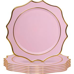 MAONAME 13" Pink Charger Plates Set of 6, Round Chargers for Dinner Plates, Scallop Plate Chargers with Gold Rim, Plastic Charger for Table Setting, Wedding Decor