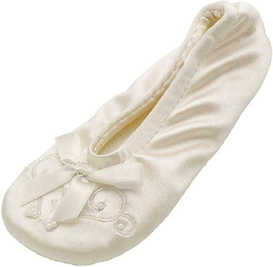isotoner Girl's Satin Ballerina with Embroidered Pearl (Size: 9-10 Toddler, Ivory)