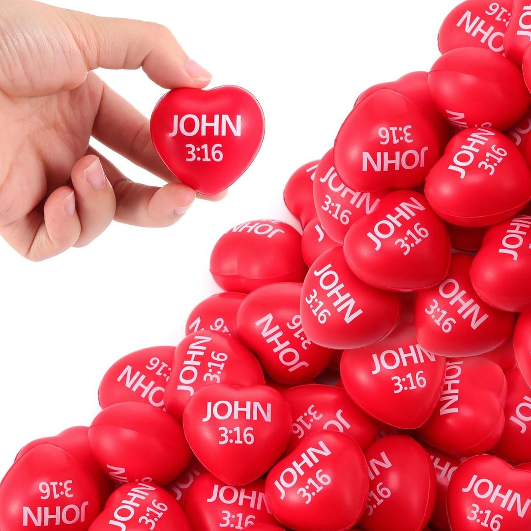 Zubebe 48 Pcs Christian Heart Stress Balls Bulk, John 3: 16 Jesus Loves You Foam Squeeze Balls, Religious Gifts for Sunday School Church Baptism First Communion Easter Vbs Party Favors (Red)