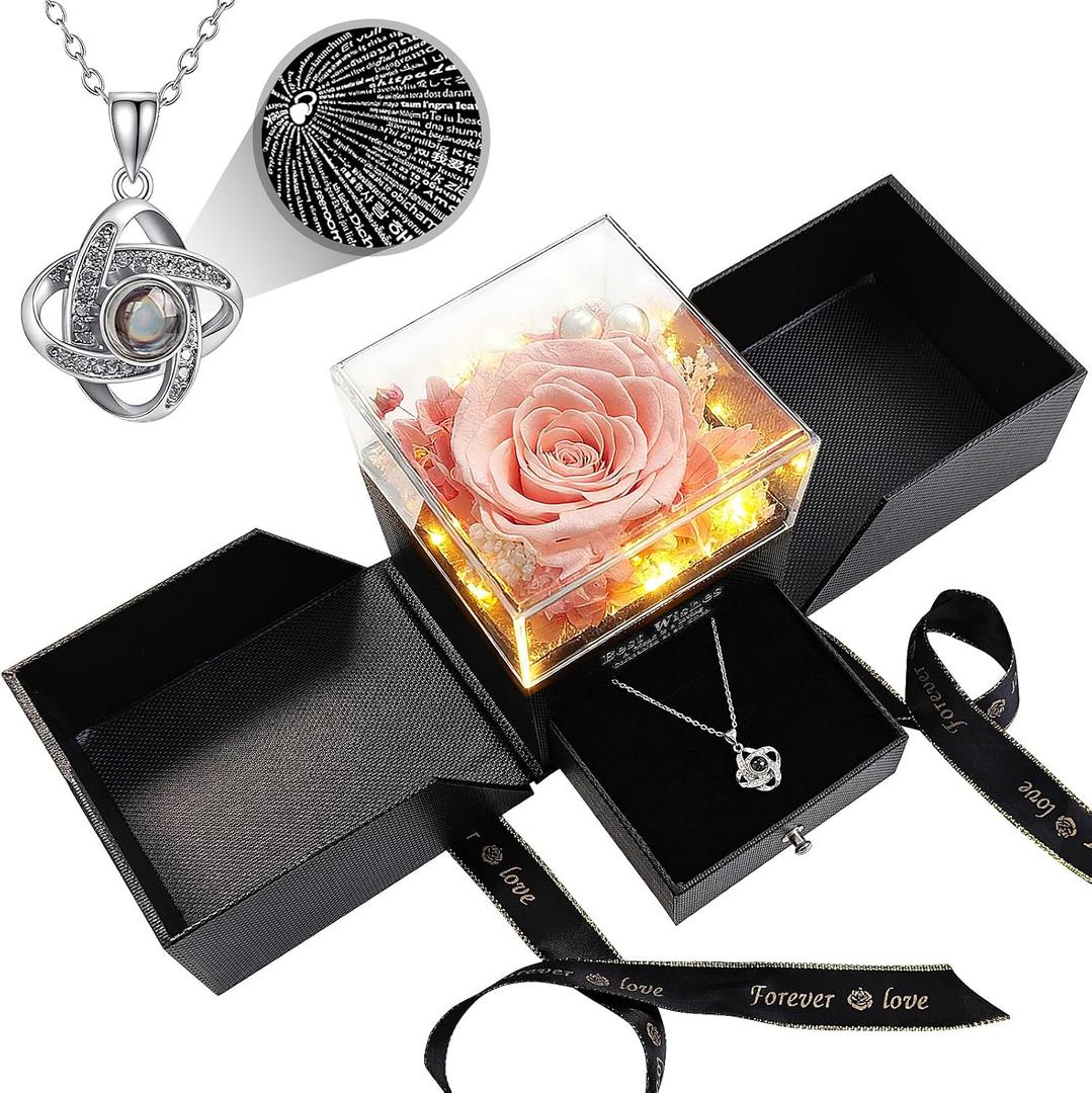 Preserved Pink Real Rose with Heart I Love You Necklace - Mother Day Gift for Mom Her Wife Girlfriend Grandma on Valentine's Mother Day Christmas Birthday Anniversary Romantic - Pink Style 2