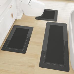 Schweek 3Pcs Absorbent Bath Mat Rug Sets, Non-Slip Quick Dry Bathroom Rugs with Toilet Mats Rubber Floor Bath Mats for Tub, Shower and Bathroom, Dark Grey, 3 Pieces