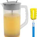 1 Pack Mixing Pitcher for Drink, 2 Quart/ 64oz Plastic Water Pitcher with Lid and Clean Sponge Brush, Angled Plastic Blades and Adjustable Mixer Plunger for Juice, Milk, Beverage Container