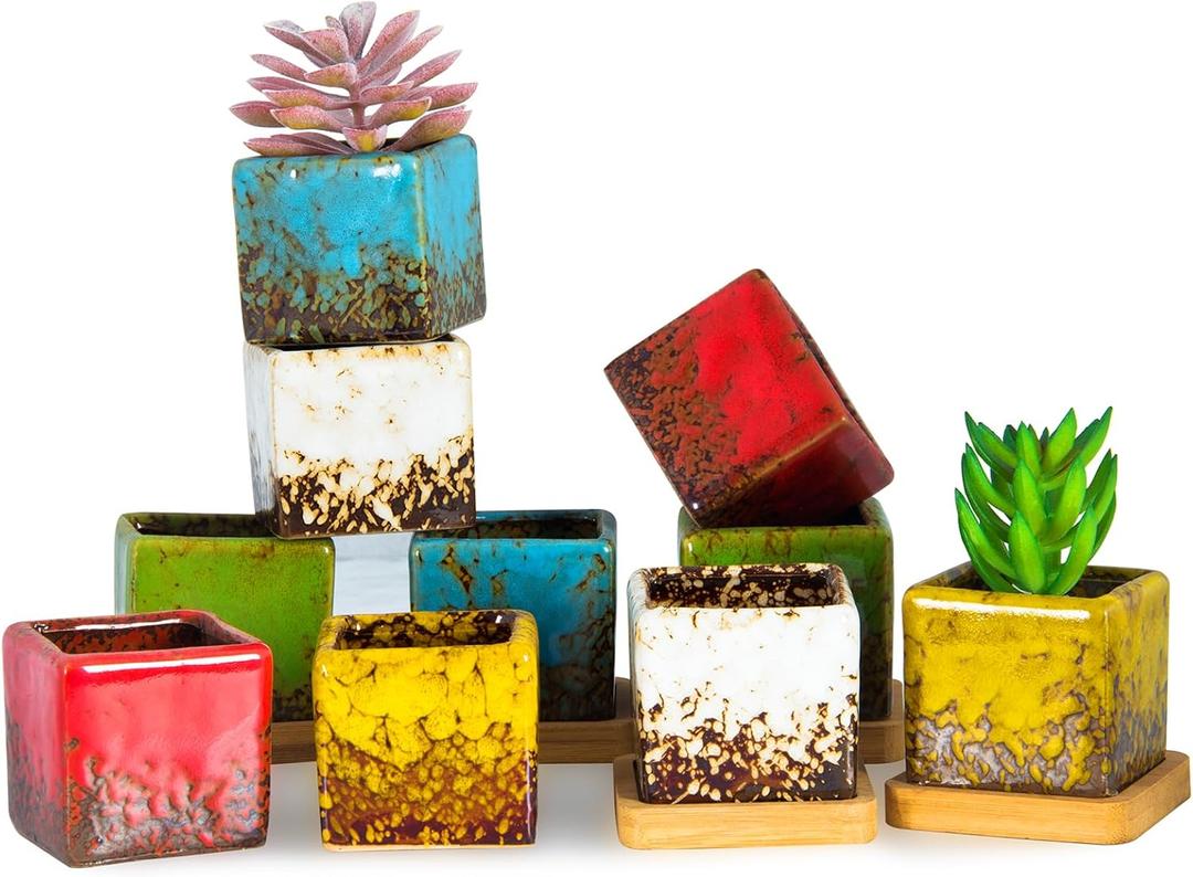 ARTKETTY Set of 10 Succulent Pots with Drainage Trays, 2.1 Inch Ceramic Pots for Indoor Flower Plants, Small Square Cactus Planter Pots Bulk for Garden Home Desk Windowsill Decor