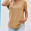 Imily Bela Womens V Neck T-Shirt Summer Cap Sleeve Dressy Casual Tops Eyelet Embroidered Fashion Tees Khaki (S)