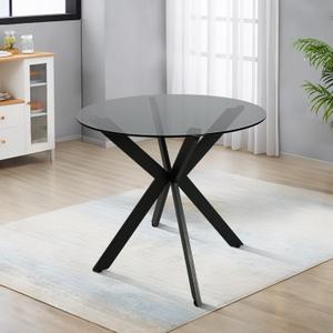CangLong 31.5" Round Glass Dining Table for 4 People, Mid-Century Modern Coffee Table, Clear Tempered Glass Tabletop with Black Metal Legs for Home, Conference, Office & Restaurant, Gray (Grey 2)