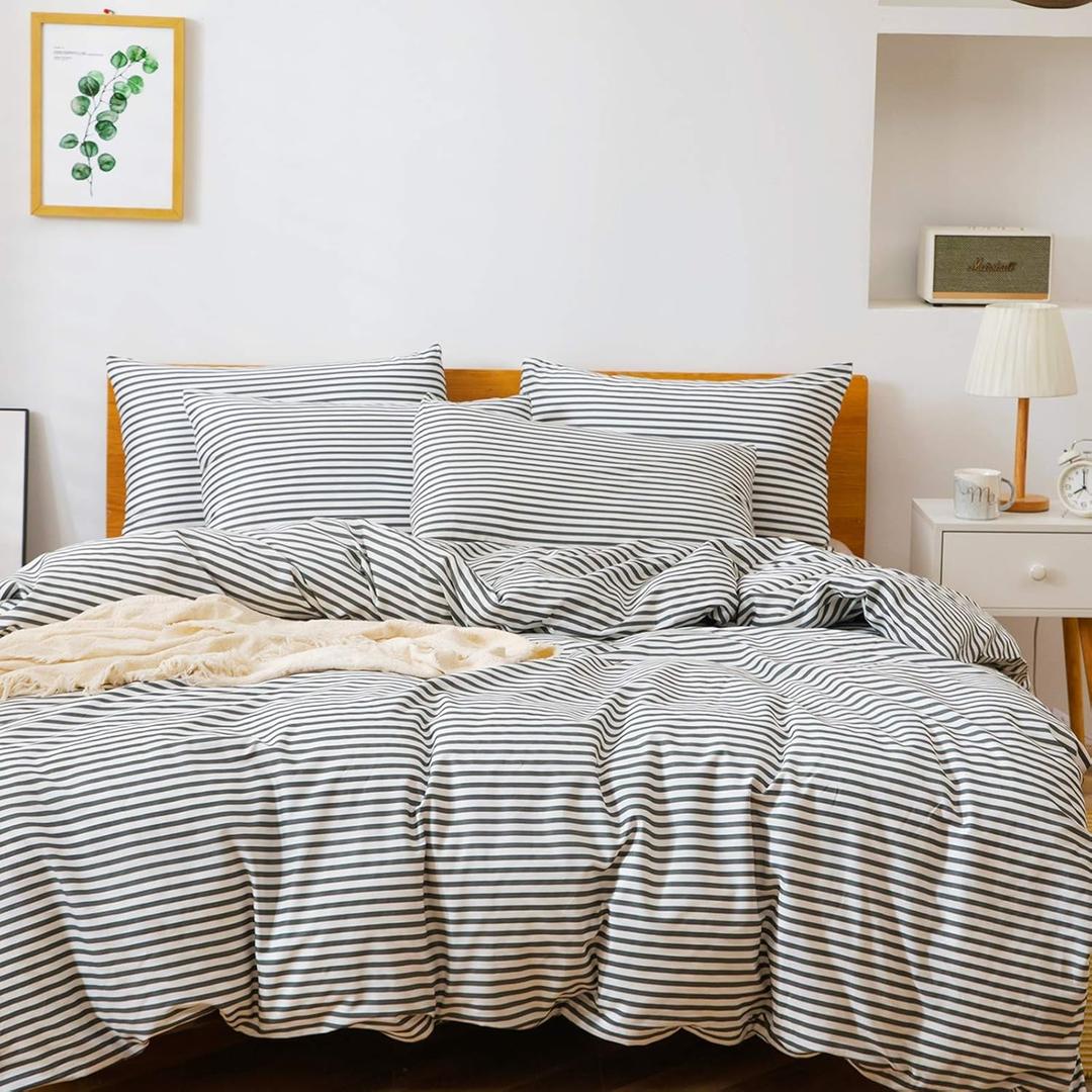 JELLYMONI 100% Natural Cotton 3pcs Striped Duvet Cover Sets,White Duvet Cover with Dark Grey Stripes Pattern Printed Comforter Cover,with Zipper Closure & Corner Ties(Full Size)
