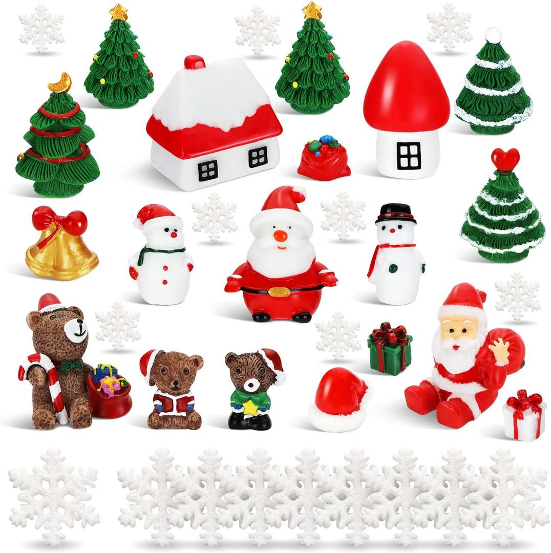 BBTO 45 Pcs Miniature Christmas Figures for Crafts Mini Christmas Figurines Include Mini Resin Tree Snowman Small Bell Bear Castle Snowflake Ornaments Decorations for DIY Crafts Dollhouse Home Decor