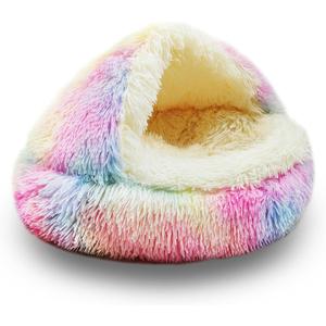 ShinHye Cat Bed Round Plush Fluffy Hooded Cat Bed Cave, Cozy for Indoor Cats or Small Dog beds, Soothing Pet Beds Doughnut Calm Anti-nxiety Dog Bed - Waterproof Bottom Washable (2020inch, Multicolor)