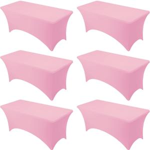 6-Pack Premium Pink Spandex Tablecloths for 6ft Rectangle Tables, Stain & Wrinkle-Resistant, Washable Stretch Polyester Fitted Table Cover for Weddings, Banquets, Trade Shows Events