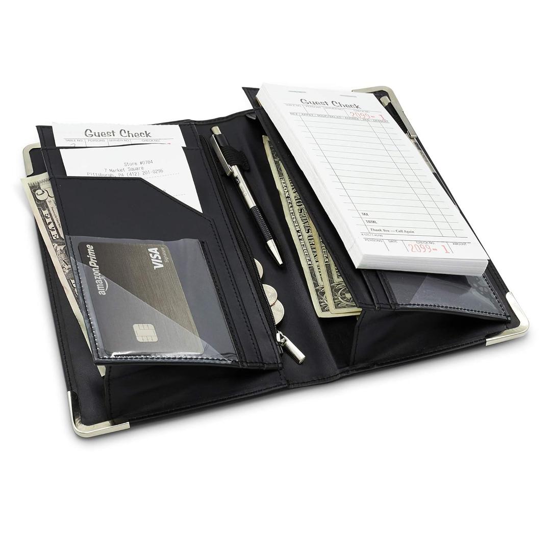 Premium Server Book, Newly Improved Bulk Pockets Stronger Magnets, 2 Pen Holders, Zipper Pocket, Firm Writing Surface (Black Smooth)