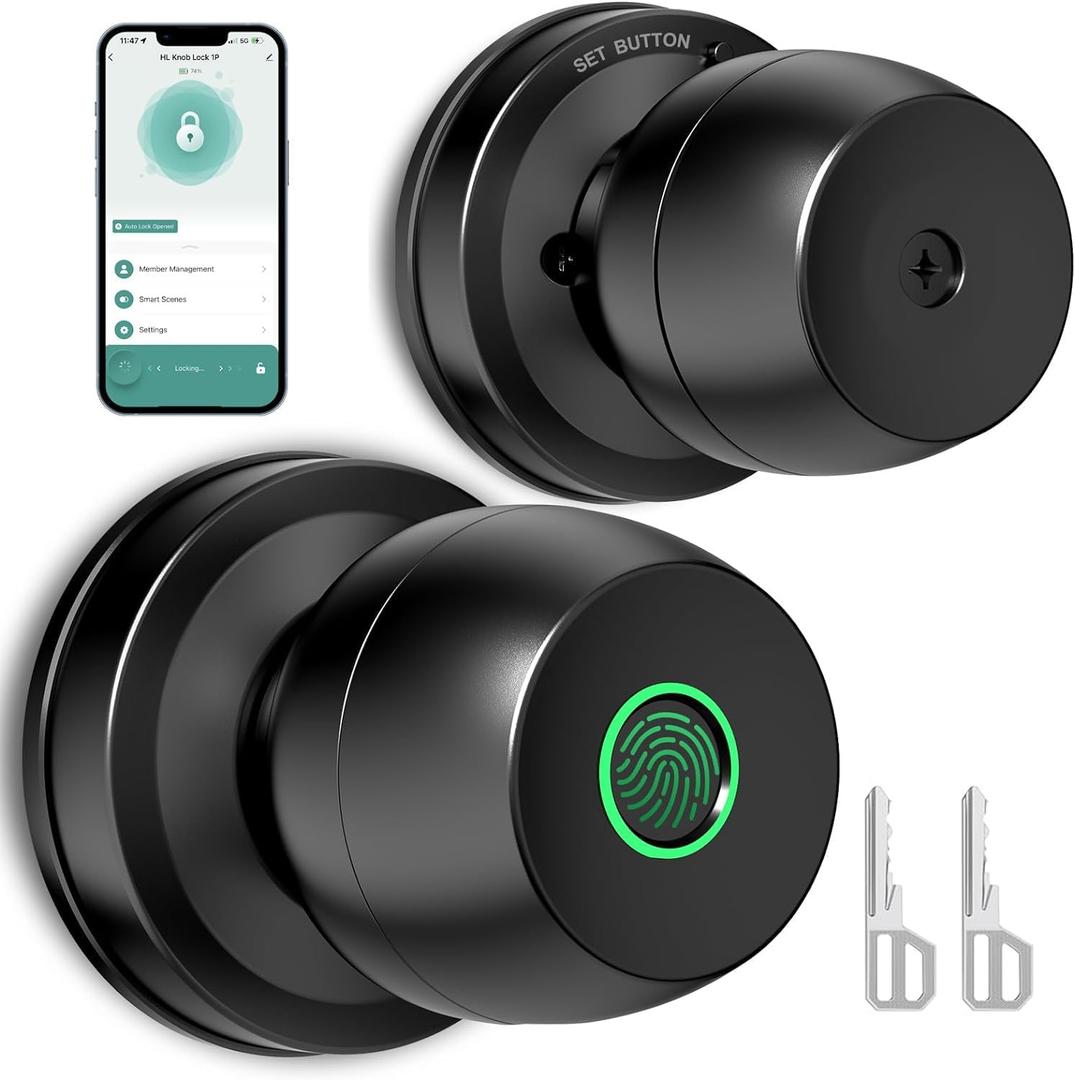 Fingerprint Door LockSmart Door Knob, Smart Lock Biometric Door Lock Fingerprint Door knob with App Control Suitable for Bedroom,Cloakroom,Apartments Offices,Hotels(Black)
