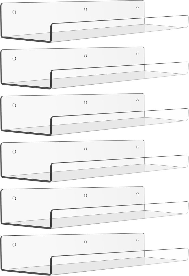 upsimples 6 Pack Acrylic Shelves for Wall Storage, 15" x 4 Floating Bookshelves for Kids, Display Shelf Organizer for Bathroom, Bedroom, Living Room, Kitchen, Room Decor, Clear