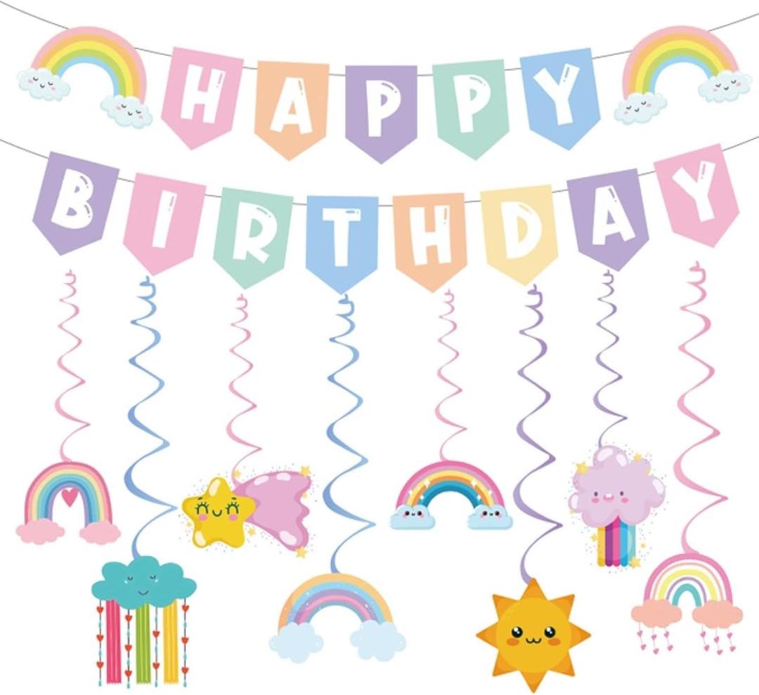 Pastel Rainbow Birthday Party Decorations,Colorful Happy Birthday Banner with Cute Rainbow Hanging Swirls for Girl Boy 1st 2nd Party Decor Supplies