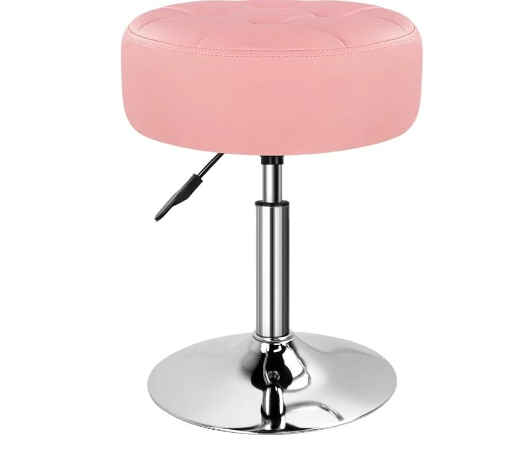 Pink 4.9-inch Thickened Vanity Stool Round PU Leather Swivel Height Adjustable Makeup Chair Ottoman for Bedroom Living Room SPA Salon Shop Small
