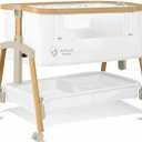 Baby Bassinet Bedside Sleeper, Portable Crib for Newborns, Adjustable 7-Height Auto-Lock, with Wheels, Soft Mattress & Breathable Mesh (White)