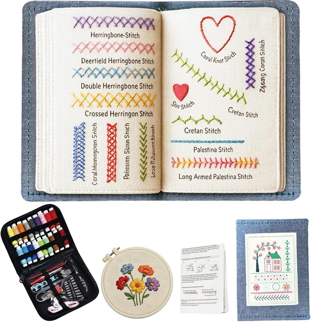 2026 New Embroidery Stitch Book Kit, 138 Patterns with Tools & Tutorials,with an Embroidered Grille and an English Manual, Portable Embroidery Book for Adults & DIY Craft Lovers.(14in*10in)