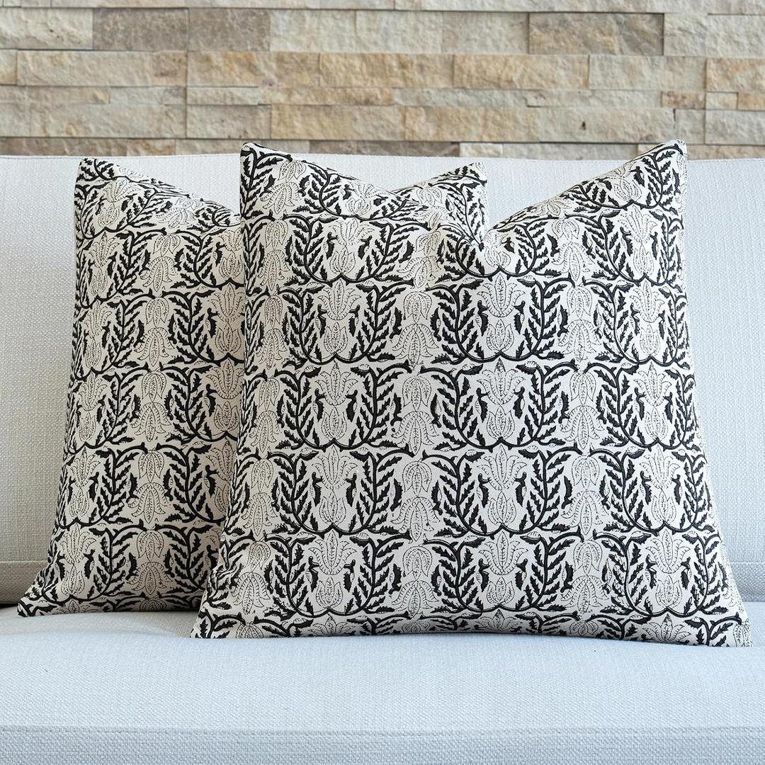 FIOUOVO Floral Throw Pillow Covers 18x18 Set of 2 Block Print Cushion Covers Farmhouse Neutral Accent Decorative Pillow Covers Home Decor for Sofa Couch Living Room Bedroom, Charcoal Black
