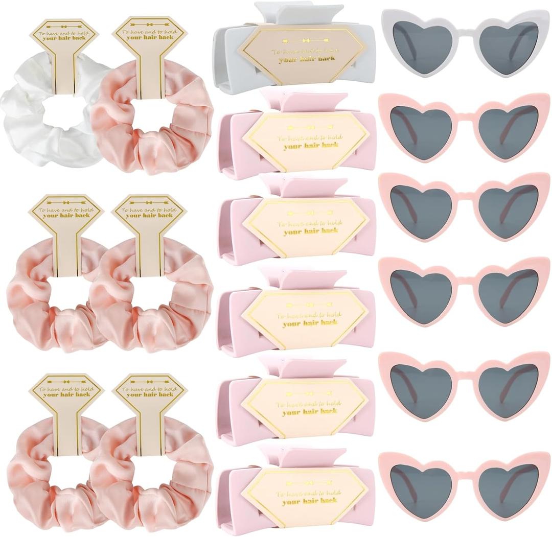 Bridesmaid Scrunchies Proposal Gifts Bachelorette Hair Claws Clips women heart sunglasses for Wedding Party Favors (White,lightpink 18pcs)