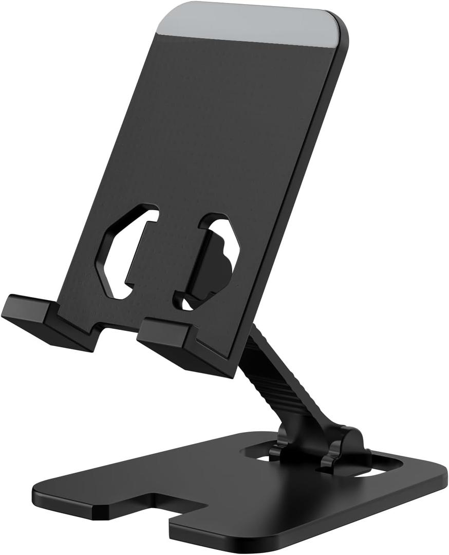 2 x Foldable Cell Phone Stand, Aluminum Adjustable Cell Phone Stand Holder for Desk, Compatible with All Mobile Phones (Black)