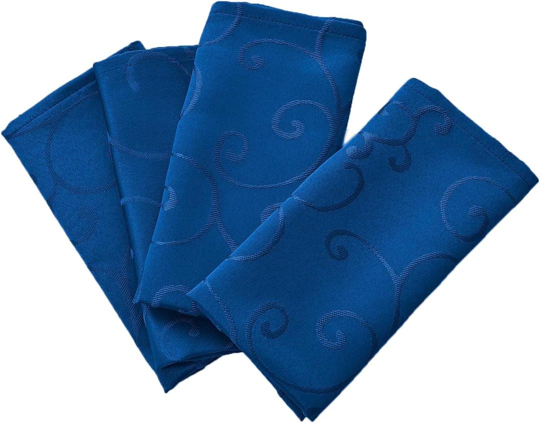 Marina Decoration Jacquard Waterproof Thick Luxury Premium Solid Damask Branch Scroll Decorative Home Kitchen Liquid Repellent and Stain Resistant 4 Piece Napkin Set, Royal Blue Square 18 x 18 Inch