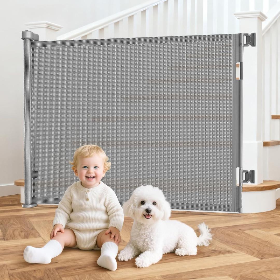 55 Inch Retractable Baby Gates Extra Wide, 41 Inch Reinforced Extra Tall Gate Mesh Safety Gate for Kids Pets, Retractable Dog Gate Baby Retractable Gate for Stair Hallway Doorway Indoor Outdoor, Gray