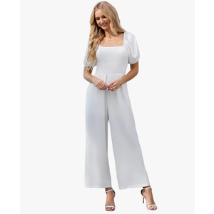 Love Welove Fashion Jumpsuits for Women Dressy Short Sleeve Smocked High Waist Wide Leg Pants Loose Romper Outfits M