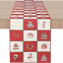 OWENIE Christmas Table Runner, Vintage Style Christmas Table Decor with Classic Holiday Elements, 13×90 Inch Linen Table Runner for Christmas Dinner, Party, Home Decor