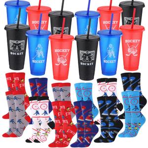 LemonRoad 24 Pcs Hockey Party Favors Include 12 Hockey Socks and 12 Plastic Tumblers with Lids and Straws Ice-hockey Birthday Party Decorations Water Bottle