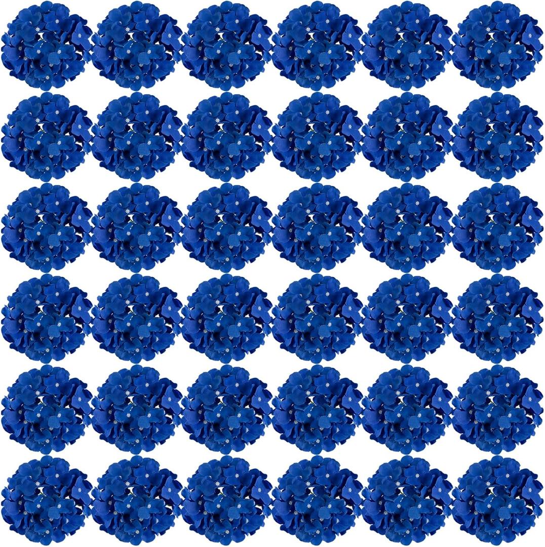 FagusHome Silk Hydrangea Heads 36 Pcs Artificial Flowers Heads and 3 Dozens Stems Fake Hydrangea Flowers with Stems for Home Wedding Decor (Dark Blue)