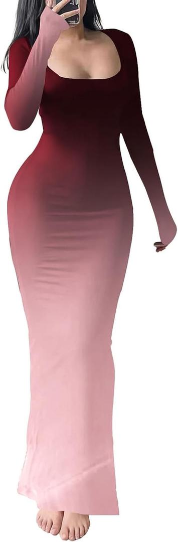 HBQ Women's Bodycon Maxi Dress Long Sleeve Square Neck Lounge Dresses Sexy Night Out Party Dress-Gradient-XXL