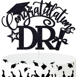 Ferburitar Congratulations DR Cake Topper, Congrats Grad/Doctoral Degree Cake Decor, Class of 2025 Graduation Party Decorations Supplies, Black Glitter