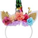 Nishine Unicorn Horn Floral Headband Glitter Ears Pony Head Bands Tiara for Girls Party Birthday Cosplay (Rainbow)
