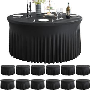 12 Pack Black Round Spandex Tablecloth for 60 inch Table, Wrinkle Free Stretchy 120inch Fitted 5FT Round Table Cloths Cover with Skirt for Wedding Birthday Party Dining Banquet Events
