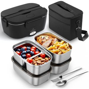Heated Lunch Box,120W Electric Lunch Box for Adults with 1.5L 304 Stainless Steel Container, 12V/24V/110V Lonchera Elctrica Porttil for Travel,Work,Car,Truck (Pure Black, 1.5L x 4)