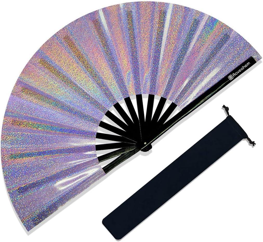 Large Rave Fan, Clack Folding Hand Fan with Premium Fabric, Thick Bamboo Frame for Men Women Gift for EDM, Festival, Club, Party, Dance, Decoration (Lridescent Purple, 13")