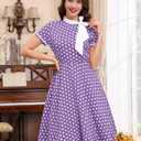 50s Style Dresses for Women Vintage Short Sleeve Tie Neck Polka Dot 1950s Housewife Dresses for Womens Swing 50s Audrey Hepburn Church Cocktail Dress Retro Tea Party Dress Up Purple XL