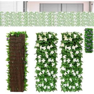 Artificial Fence Screening 28x200cm, Expandable Garden Fence Screening with Artificial Ivy and Violet Flower, Garden Greenery Leaf Backdrop Decoration (White,2pcs)