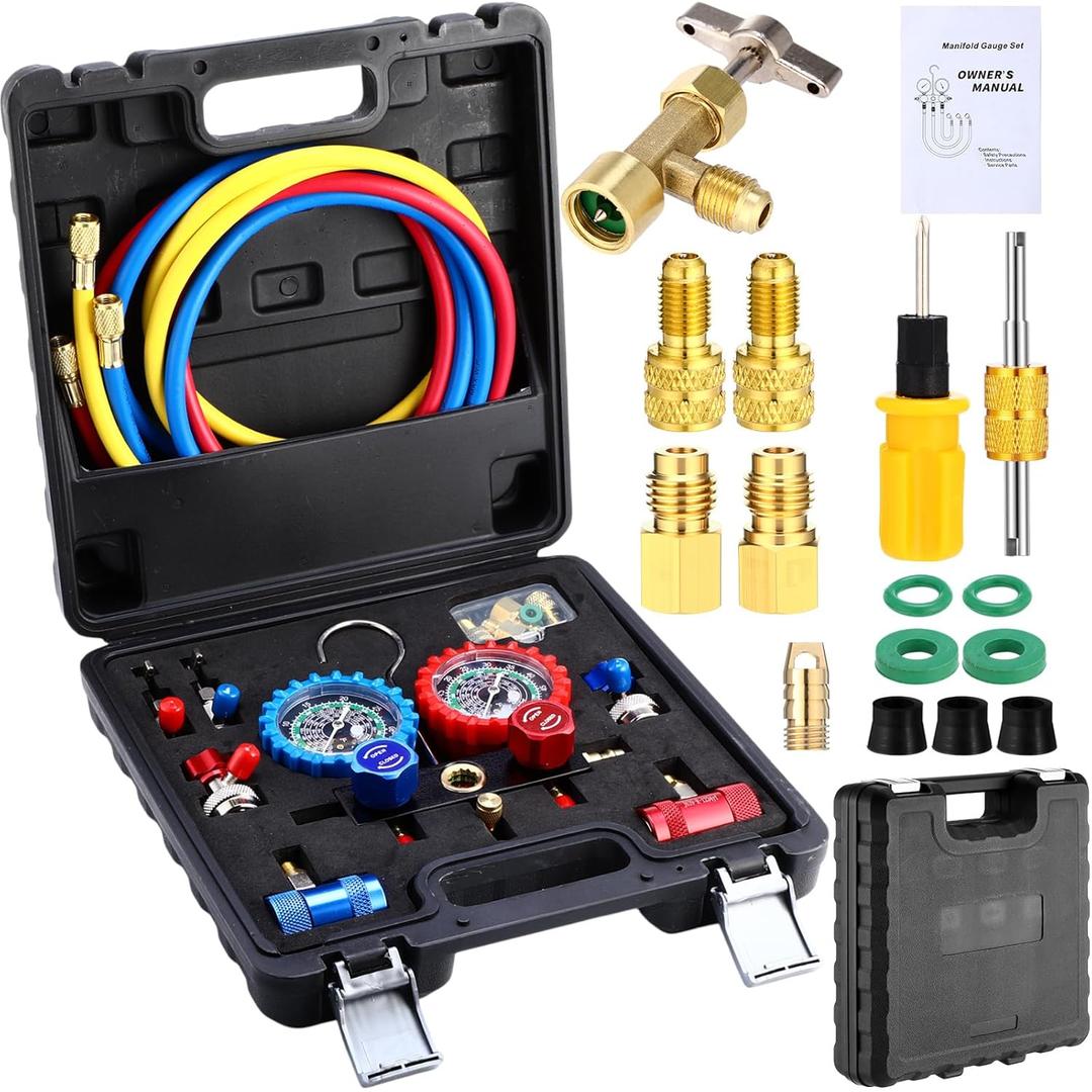 Threlaco 3 Way AC Manifold Gauge Set for R1234yf R134a R22 R32 R410a Refrigerant, Automotive HVAC Diagnostic Gauge with 5FT Hoses Quick Couplers Tank Adapter Can Tap for Car Charging and Evacuation