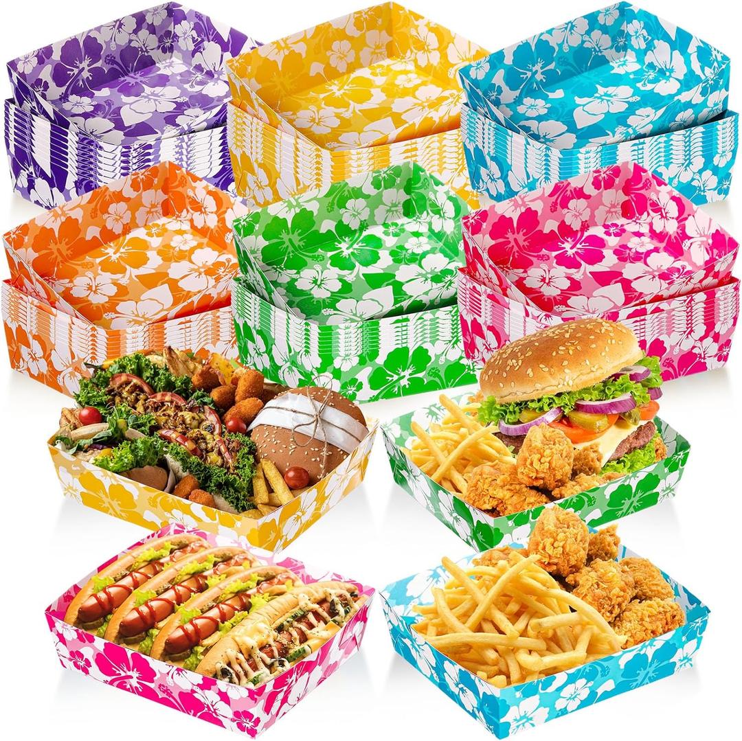 Nitial 48 Pcs Hibiscus Party Paper Food Trays Disposable Luau Party Food Boats Hawaiian Themed Decorations 5 lb Hawaiian Tray for Hibiscus Tropical Theme Supplies