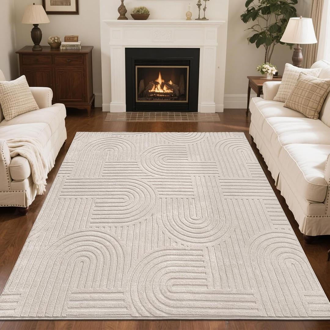 SHACOS Soft Cozy Fluffy Arch Pattern High-Low Pile Textured Area Rug 5'3"x7'3" Non Slip Washable Modern Geometric Rug Stain Resistant Contemporary Carpet for Living Room Bedroom Dining Room, Beige