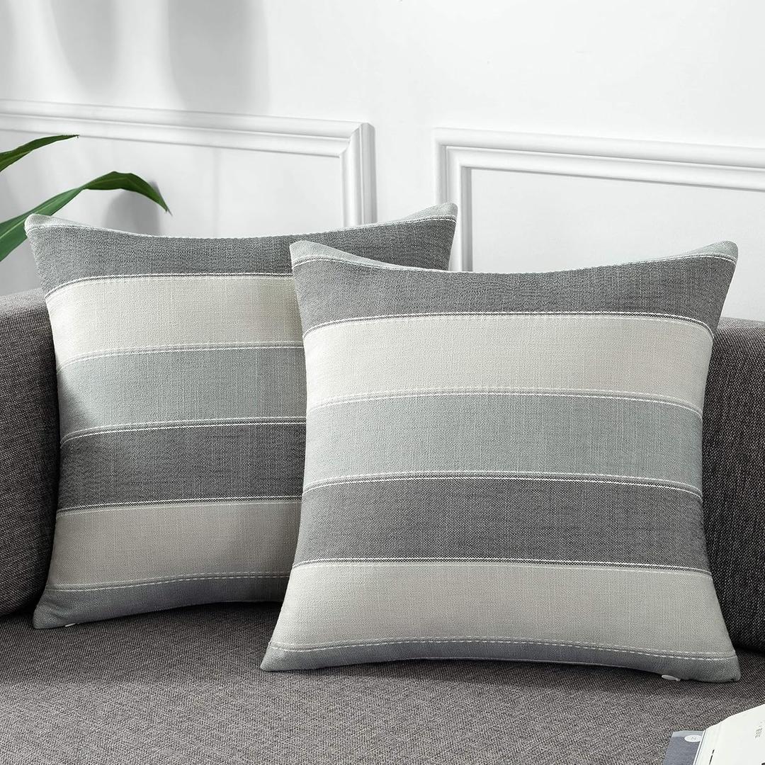 AmHoo Pack of 2 Farmhouse Stripe Check Throw Pillow Covers Set Case Cotton Linen Decorative Pillowcases Cushion Cover for Couch Bench Sofa 20x20Inch Dark Grey Beige