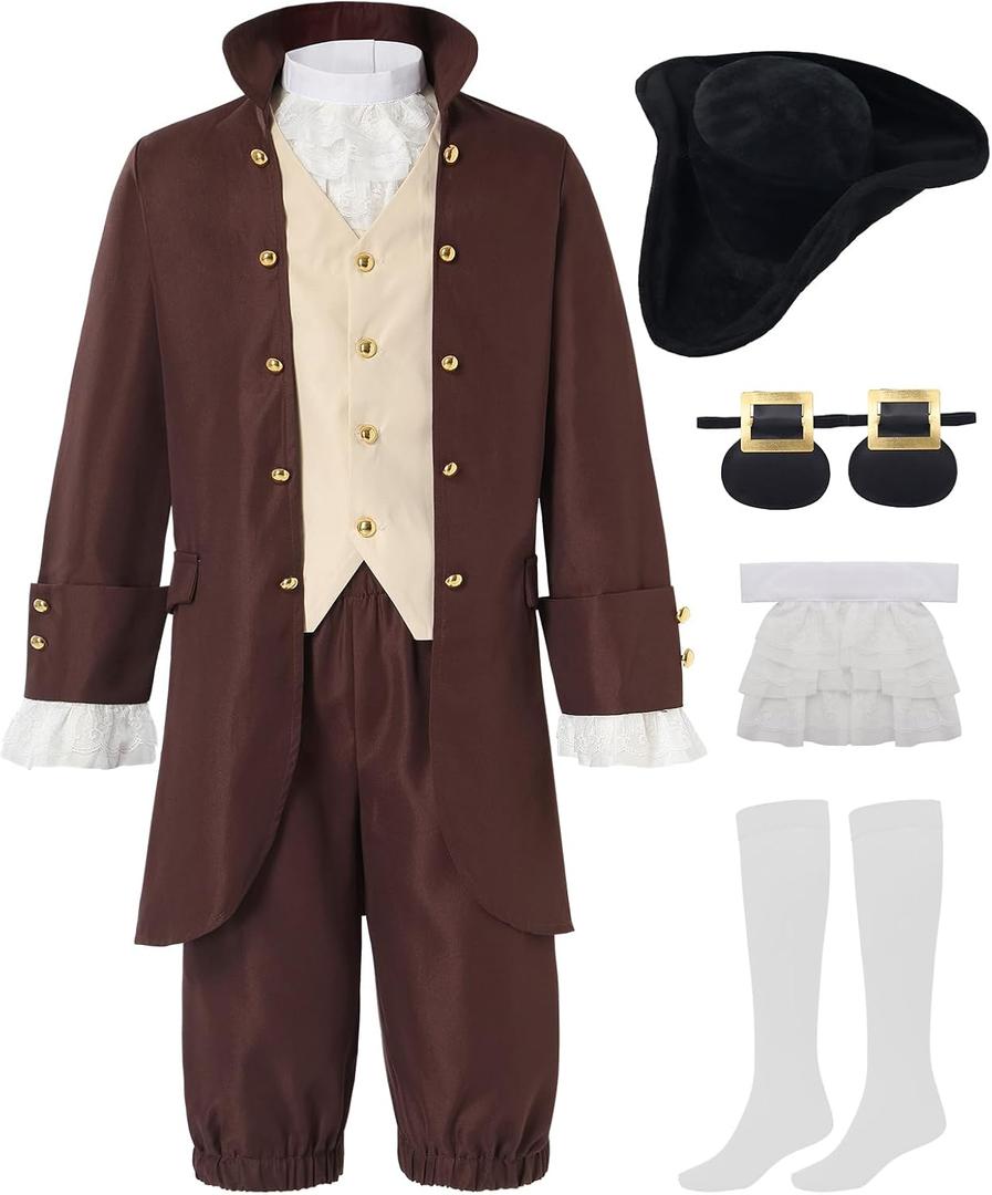 aicoaub Kids Colonial Costume Boys 18th Century America Cosplay Costume with Hat (9-10 Y, Brown)