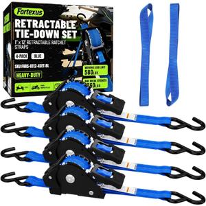 Retractable Ratchet Straps, 4-Pack, 1 Inch x 12 Feet, 1,760lb Break Strength, Self Retracting Tie Down for Truck, Cargo Trailer, Motorcycle, ATV, UTV (Blue, 4pack)