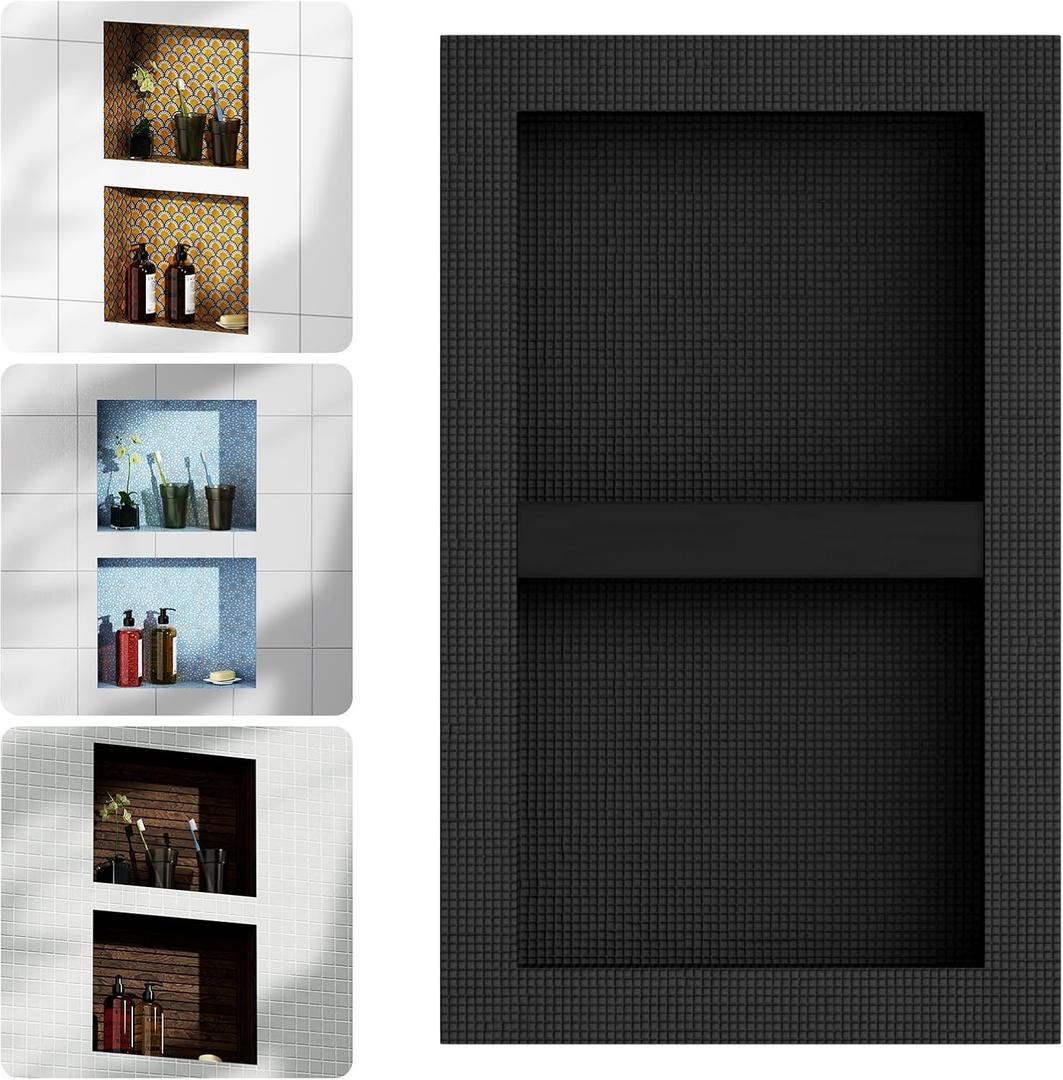 16'' x 26'' Shower Niche Insert Tile Ready, Recessed Niche for Shower Wall, Built-in Double Waterproof Shelf for Bathroom Storage, Matte Black